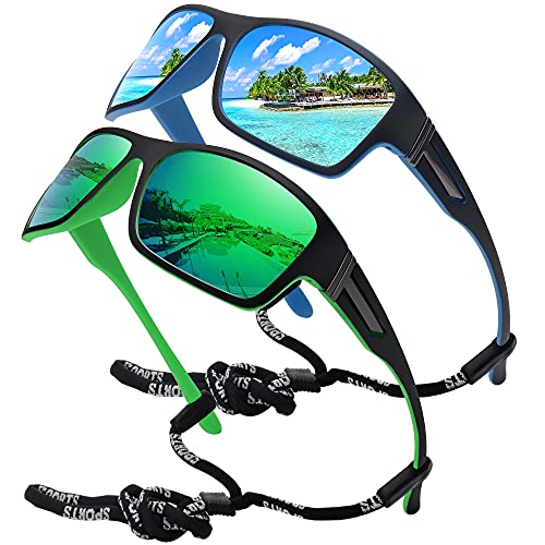 STORYCOAST Polarized Sports Sunglasses for Men Women Unbreakable Frame Cycling Fishing Driving - color: 2pack Blue Mirror+green Mirror