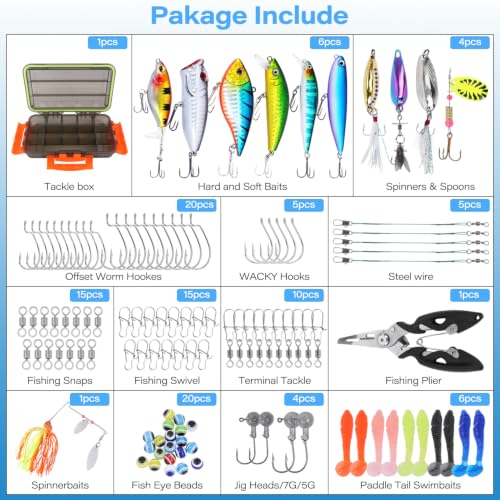 Fishing Tackle Box with Fishing Lures,105Pcs Trout Fishing Lures Kit-Pliers,Spinnerbaits,Hooks,Fishing Swivel,Saltwater &Freshwater Fishing Gear and Equipment,Fishing Gifts for Men