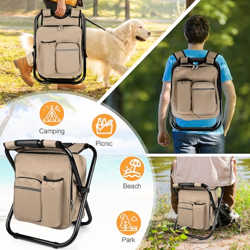 Kikerike Backpack Stool Cooler Chair Heavy Duty 300 LBS Max Load Portable Lightweight Stool Backpack Folding Fishing Cooler Seat for Camping Hunting Fishing - Sand - color: Sand