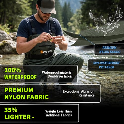 Waterproof Bootfoot Chest Waders – Lightweight 2-Ply Nylon/PVC for Fishing & Hunting with Boot Hanger - size: M9/W11