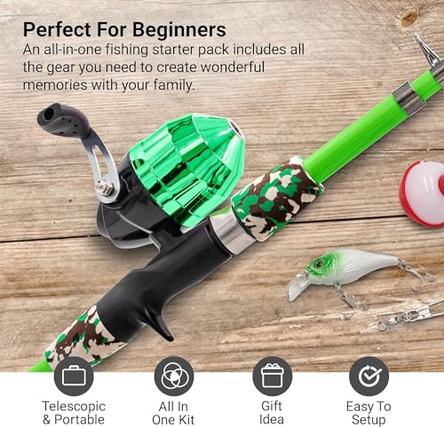 Lanaak Kids Fishing Pole, Kids Portable Telescopic Fishing Rod Set, Tackle Box and Fishing Net Combo Kit, Kids Fishing Gear for Boys and Girls Age 5-10 and Youth - color: Camo Green, size: 1.5m or 4.9 FT