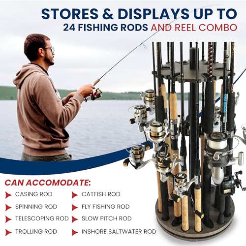 Rush Creek Creations Fishing Rod Holder - 360 Spinning Rack for Garage Organization and Storage, Pole Holder for Reels, Gear, Accessories, Tackle Box - color: Barn Wood, style: 24 Spinning