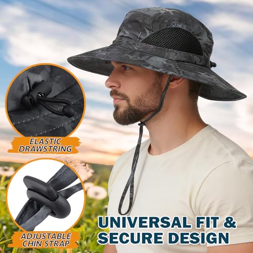 Wide Brim Sun Bucket Hat, Waterproof Boonie Hat for Men & Women | UPF 50+ UV Protection, Adjustable Fit, Chin Strap & Sweatband, Foldable Durable for Fishing Hiking Garden Beach - color: 05 Grey (Camo)