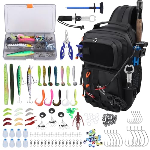 Fishing Backpack with Tackle Boxes,Waterproof Fishing Shoulder Bag for Fishing Gear,Fish Bag with 136 Pcs Fishing Lures Kit,Fish Hook Remover Tool,Fish Lip Gripper,Fishing Plier,Gifts for Men (Black) - color: Black
