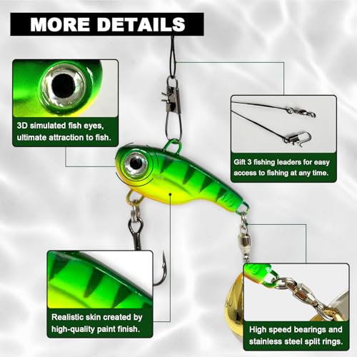 Tail Spinner Hard Metal Lures VIB Fishing Baits Jigging Spoons with Treble Hook Kit Sinking Blade Bait for Bass Trout Freshwater - size: 0.5oz(14g)-10#-3pc