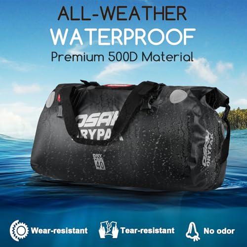 OSAH DRYPAK Waterproof Duffel Bag - Motorcycle Dry Bag Tail Bag with Large Storage Space, Waterproof Luggage Duffle Bags with Outer Mesh Zipper Pocket for Camping, Kayaking, Fishing & Traveling - color: Black, size: 40L