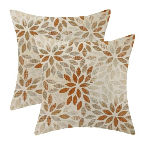 AEIOAE Dahlia Pillow Covers 18 x 18 Inch Set of 2, Burnt Orange Rustic Geometric Flower Decorative Throw Pillow Covers Farmhouse Floral Cushion Covers for Couch Home Sofa Outdoor Decor - color: Burnt Orange Floral, size: 18" x 18" (Pack of 1)