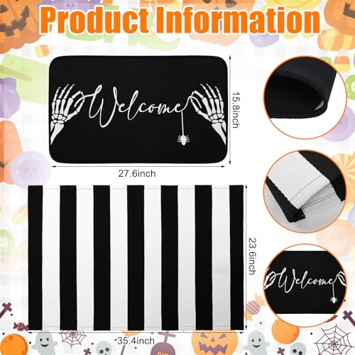 Tinideya 2 Pcs Summer Halloween Door Mats Outdoor Gothic Skull Welcome Front Doormat Linen Rubber Layered Black White Striped Skeleton Mats Nonslip Washable Halloween Decor for Front Porch Entryway - size: 16 x 28 Inch,24 x 35 Inch, style: Skull