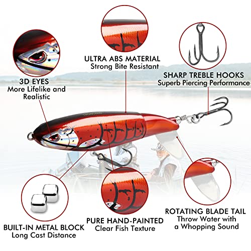 TRUSCEND Popobait Easy Catch Fishing Lures with BKK Hooks, Instant Startup, Longer Cast, Balanced Spray/Sound/Swim, Plopper Topwater Lures for Bass, Trout, Pike, Walleye, Freshwater Saltwater Fishing - color: D4-4.3-5.5",0.56-1.3oz