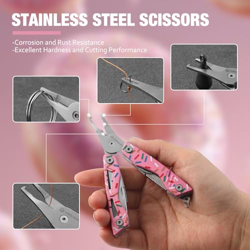VIRENKNIFE 13-in-1Multi Tool Pliers, Stainless Steel Mini EDC Multitool with Pocket Knife,Screwdriver，Bottle Opener，Fishing Hook Sharpener，Perfect for Camping, Hiking, Fishing（Donut） - color: Pink Donut