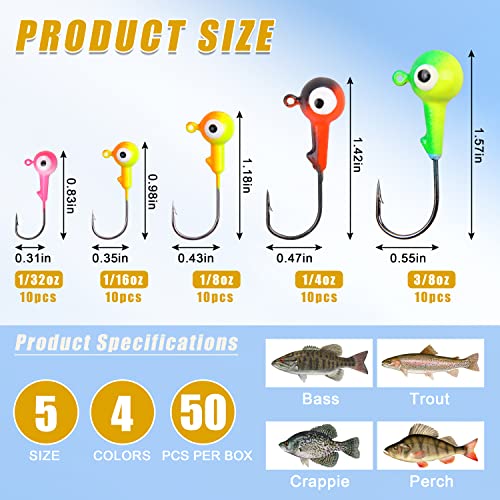 Fishing Jig Head Hooks Kit, Round Ball Crappie Jig Heads Lures Assorted Painted Fishing Lures Jig Heads for Walleye Bass Saltwater Freshwater Fishing 50/69/70pcs - style: 50pcs Kit