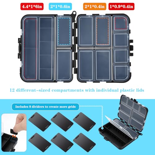 8 Pack Small Tackle Box, Plastic Fishing Organizer with 12 Compartments & Lanyard, Large Tackle Storage Containers for Hooks Lures Baits