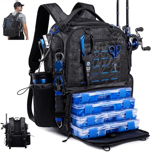 Fishing Tackle Backpack with Tackle Boxes, Two Rod Holders, Bottle Holder, 50L Waterproof Tackle Bag for Fishing Gear, Fish Gifts for Men, Black Camo (4 Tackle Boxes Included - color: Black Camo（4 Tackle Boxes Included）