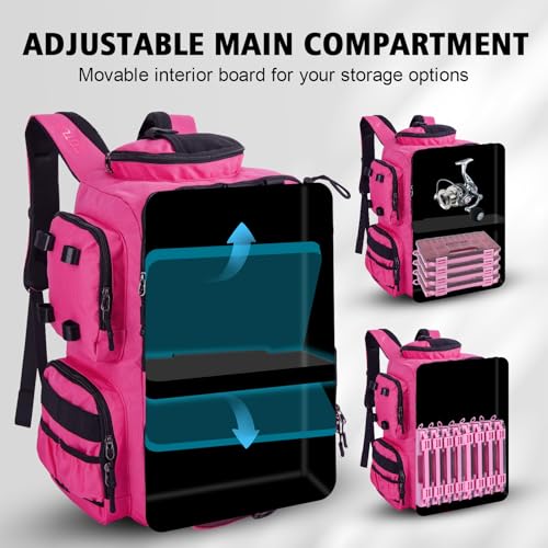 Goture Fishing Backpack with 4 Tackle Boxes,900D Water-Resistant Tackle Backpack with Rod Holders,45L Large Fishing Bag Storage Gear Tackle Bag with Rain Cover,Bottle Holder for Travel Camping Hiking - color: B3:pink With 4 Tackle Boxes
