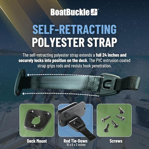 BoatBuckle Gunwale/Deck Mount Retractable Rod Tie-Down, 24-Inch Self-Retracting Fishing Rod Holder for Boats - size: 24-Inch (1-Count)