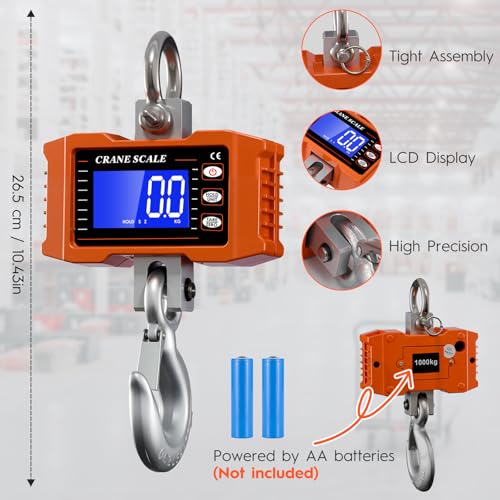 Digital Crane Scale 2200lb/1000Kg Digital Hanging Scale with LCD Screen, Crane Scale Industrial Heavy Duty with Unit Change, High Precision Crane Scale for Market, Farm, Construction, Factory