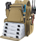 Piscifun Fishing Tackle Backpack with 2 Rod Holders, 4 Boxes & Rain Cover | Multi-pocket storage, fits 3600/3700 trays, bottle holder, padded straps for bank fishing - color: Khaki