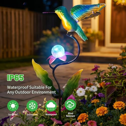 HONGLAND 46 Inch Solar Hummingbird Lights, Solar Garden Decor with Cracked Glass Ball, Hummingbird Decorative Garden Stakes Outdoor Waterproof for Lawn Patio Yard Porch, Gifts for Mom - color: Hummingbird