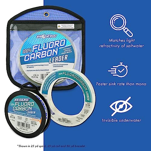 HI-SEAS 100% FLUOROCARBON Fishing LINE Leader - Clear Invisible Leader UNDETECTABLE to Fish, Fast Sinking 6LB-400LB - style: 0.017 in / 0.42 Mm, 20 Lb, 25 Yd