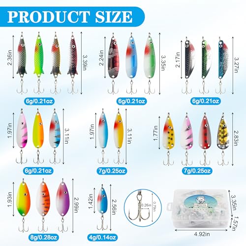 Fishing Spoons Lures Kit, 30pcs Metal Spoon Fishing Lures Assortment Spinner Baits Trout Lures Casting Trolling Spoons with Treble Hooks for Bass Pike Walleye Saltwater Freshwater