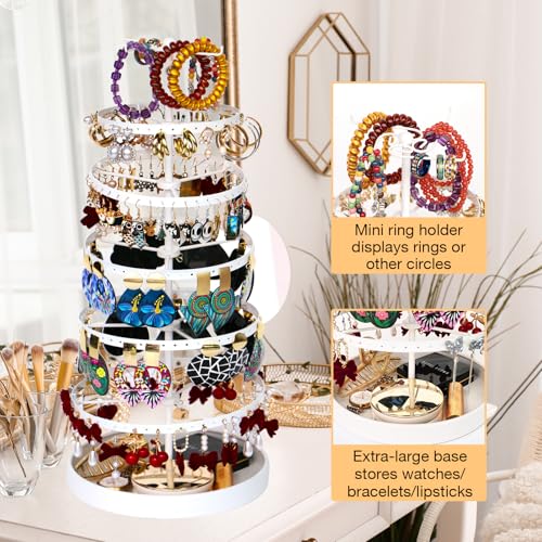 17Dec 6 Tier Rotating Jewelry Organizer Stand, 230 Holes Earring Holder Organizer for Women Girls, Spinning Earring Tree with Ring Holder, Wide Base for Bracelets Watches Lipstick - color: Metal,6-Tier,White