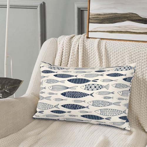 Ornamental Fish Throw Pillow Covers Watercolor Blue Fish Lumbar Pillow Cases 12x20 Inch Set of 2 Cute Sea Sketch Outdoor Decorative Pillowcase Cushion Cover for Couch Sofa - color: Blue Beige, size: 20" x 12" (Pack of 2)