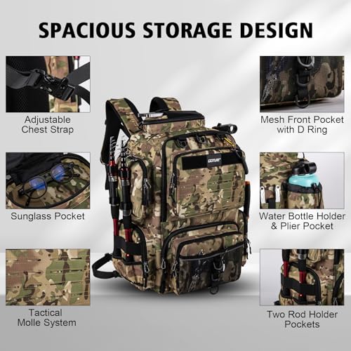 Goture Fishing Backpack,900D Water-Resistant Tackle Backpack with Rod Holders, SBS Zippers,45L Large Fishing Bag Storage Gear Tackle Bag with Rain Cover, Bottle Holder for Travel Camping Hiking - color: A1:A1 Camo(Only Bag), size: Without Tackle Boxes