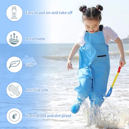 SooGree Kids Chest Wader with Non-Slip Boots,Youth Fishing Hunting Waterproof Waiters, Children Boys Girls Breathable Waders - color: Blue, size: Foot length：7.28"；Height：43.3"-47.24"