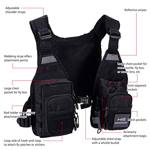 BASSDASH FV08 Ultra Lightweight Fly Fishing Vest for Men and Women Portable Chest Pack - color: Black