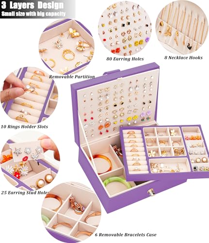 QBestry Girls Jewelry Box for Earrings Jewelry Organizer Box Teen Girls Earrings Organizer Jewelry Box with Earring Holder Organizer Stud Earring Box for Girls Womens Jewelry Case Organizer Purple - color: Deep Purple, size: Medium