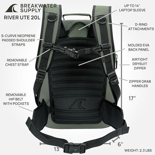 Breakwater Supply™ River Ute Waterproof IP68 Fishing Backpack, Floating TPU Submersible Dry Bag with Padded Hip Belt and Airtight Zippers | 20L (River Ute 20L Marsh Green) - color: River Ute 20l Marsh Green