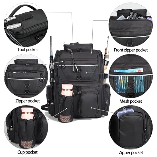 Fishing Tackle Backpack With Rod Holders, Large 40L Fishing Backpack for Camping, Hiking - style: 4 Tackle Boxes Included