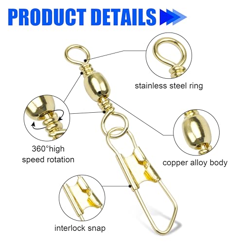 Fishing Barrel Swivels Snaps, 100pcs Snap Swivels Fishing Tackle Leader Line Lure Connector Accessories High Strength Solid Rings for Saltwater Freshwater, Black/Gold - color: GOLD, size: #6-100pcs