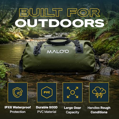 Malo’o Waterproof Dry Duffel, Heavy-Duty Roll Top Waterproof Gear Bag with Shoulder Strap & Molle Loops, Marine Duffel for Kayaking, Boating, Camping, Beach & Travel, Dark Green, 60L - color: Dark Green, size: 60L
