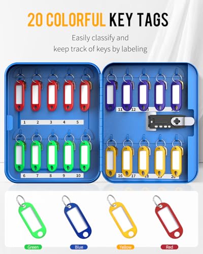 Uniclife 20 Position Key Cabinet with Combination Lock Resettable Blue Digital Security Storage Box Steel Key Organizer with Colorful Key Tag Labels Stickers and Hooks - color: Blue, size: 20 Keys