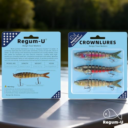 Crown Fishing Lures 8 Segment Realistic Swimbait with 3D Eyes Vibrating Actions,Smooth Lifelike Swimming for More Bites,Reinforced Fiber Joint
