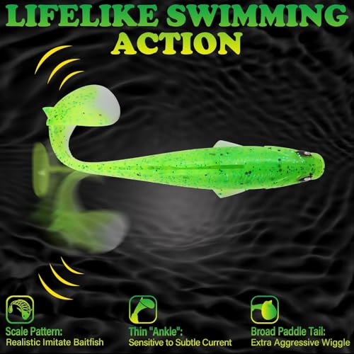 LUCKYFISHING Paddle Tail Swimbaits Soft Plastic Swimbaits Soft Baits for Bass Fishing Trout Crappie Walleye Freshwater Saltwater 10/16/20 PCS Soft Plastic Baits 4/3.5/3/2.5 Inch - color: Green, size: 3 inch-16pcs