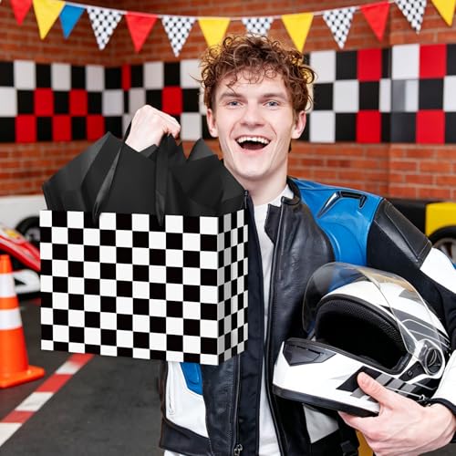 Hooqict Large Checkered Gift Bag Black and White Race Car Gift Wrap Bag with Handles, Tissue Paper, Greeting Cards for Kids Boys Snack Goodie Treat Candy Party Favors - color: Checkered