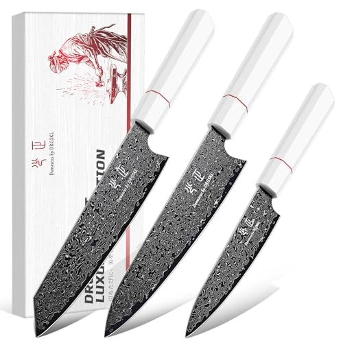 DRGSKL Japanese Knife Set Damascus - VG10 Kitchen Knife Set 3 PCS for Fruit, Vegetables, Fish and Meat - Japanese G10 Handle - Gifts for Men and Women - size: 8.2 inch