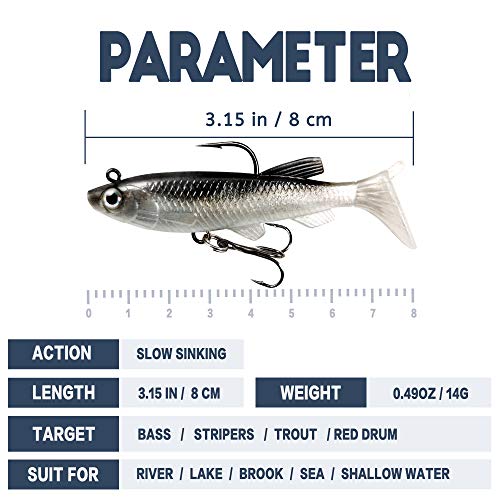 Soft Fishing Lures Shad Minnow Swimbaits, Pre-Rigged Jig Heads Paddle Tail Swim Baits for Bass, Trout, Walleye, Crappie, Sinking Jigs Bait for Saltwater Freshwater, Fishing Gifts for Men - color: A1-Weedness Pre Rigged Swim Baits-5pcs-3.15inch