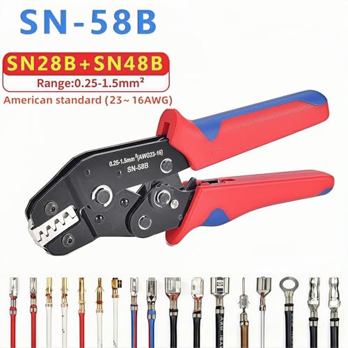 SN-58B Wire Crimping Tool with Ratchet for Deutsch DELPHI AMP Dupont TYCO Terminals with Terminal Removal Kit ，Ratchet Crimper ，AWG23-16 (0.25-1.5mm²)，Professional for Automotive & Electronics，DIY