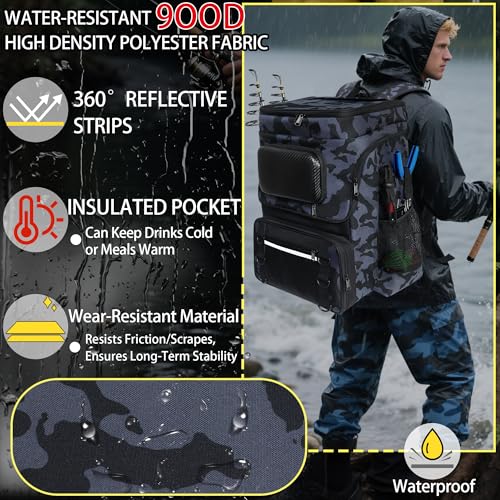 Fishing Backpack with Rod Holder, Large 50L Tackle Bag Water Resistant Tackle Backpack Heavy Duty Fishing Bag Gift for Men Woman - color: Camo Black without Tackle Boxes or Fishing Tools