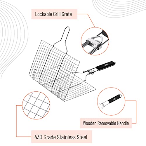 UNCO- BBQ Grill Basket, Folding Stainless Steel Portable BBQ Grill Basket | with Removable Wooden Handle & Basting Brush for Vegetables, Shrimp, Fish, Locking Grilling Basket for Outdoor, Camping - color: Silver