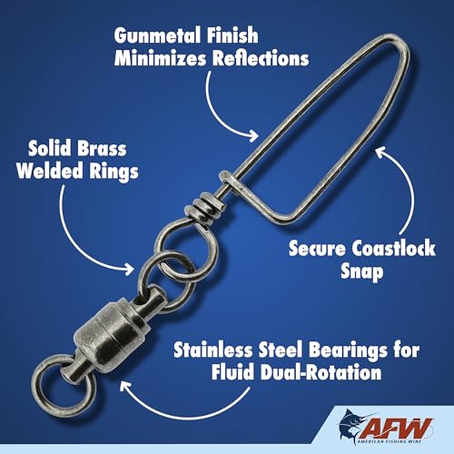 AFW Solid Brass Ball Bearing Snap Swivels with Welded Rings - Black Finish, Up to 450 lb Test Capacity, Patented Bullet Shaped Head for Reduced Water Resistance, Fluid Rotation - size: 50 pc, #8, 350 lb test