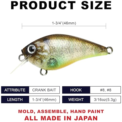 Lucky Craft LC 0.5 Squarebill Crankbait, Silent Fishing Lure for Bass Trout and Pike, Made in Japan, Freshwater Fishing Gear, Hard Bait Bass Lures - color: 176 Flake Flake Stripe Gill
