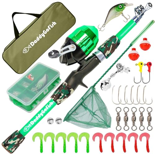DaddyGoFish Kids Fishing Pole - Rod Reel Combo Tackle Box Starter Set - First Year Small Gear Kit for Boys Girls Toddler Youth Age Beginner Little Children - color: Green (Essential Set), size: 4ft