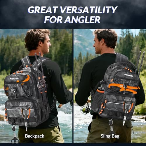 THKFISH Fishing Backpack with Tackle Boxes, 20L Waterproof Tackle Sling Bag with Lures Kit, Fish Lip Gripper, Pliers, Scissors, Fishing Gifts for Men Women - color: Black Fishing Backpack with Tackle Boxes