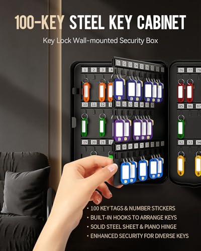 Uniclife 100 Position Key Cabinet with Key Lock Wall Mounted Black Security Storage Box Steel Key Organizer with Colorful Key Tag Labels Stickers and Hooks - color: Black, size: 100-Key