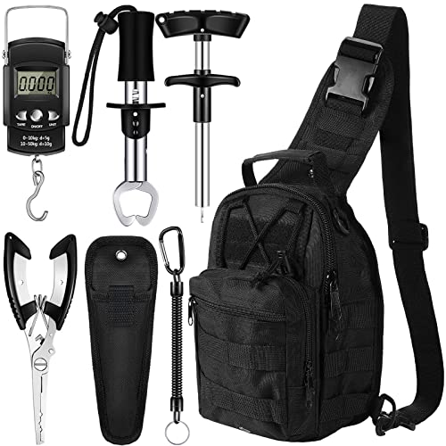 Hungdao 7 Pcs Fishing Backpack with Fishing Tool Kit Fish Gear Pliers Equipment Include Hook Remover Backpack Pliers Kit Scale Gripper Weigh Separator Fish Gifts for Men Women - color: Black