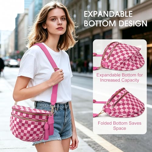 Checkered Nylon Crossbody Bag Bum Bag for Women Mom Large Checkered Fanny Packs with Adjustable Strap - color: Rose Checkered